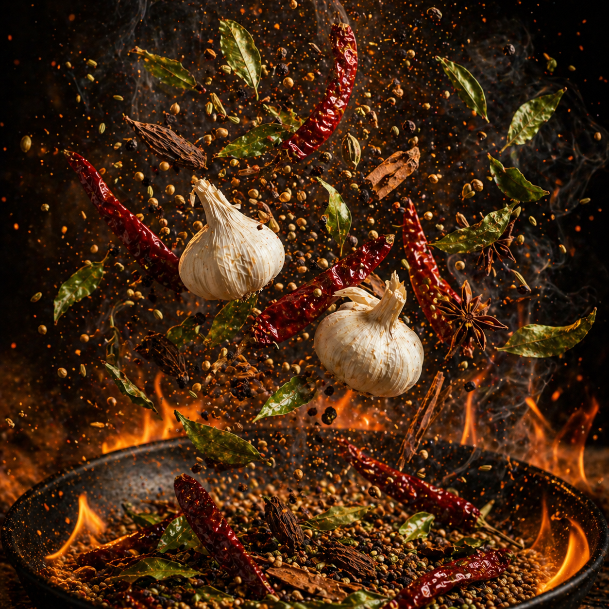 Whole spices and aromatics roasted over flame—the ingredients behind our snacks